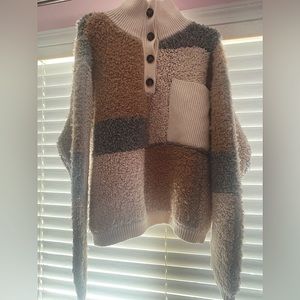 Fuzzy tan, brown and blue Sweater